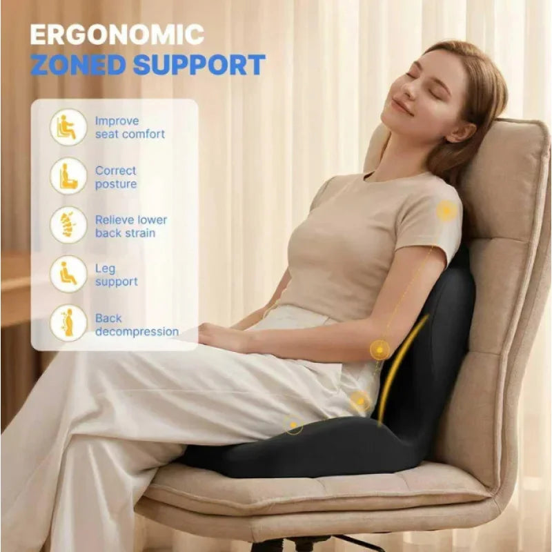 Woman using a massage chair with ergonomic zoned support features.