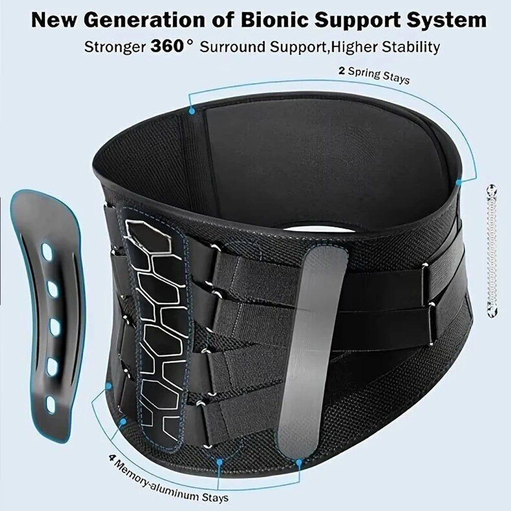 Black bionic support system with text on a light blue background