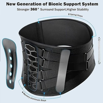 Black bionic support system with text on a light blue background