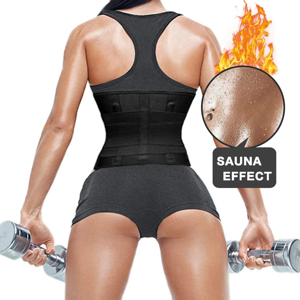 Rear view of a woman wearing a black waist trainer shapewear vest with matching shorts, holding dumbbells, with a flame graphic and a circular inset showing sweat on the back and the text 'SAUNA EFFECT'.