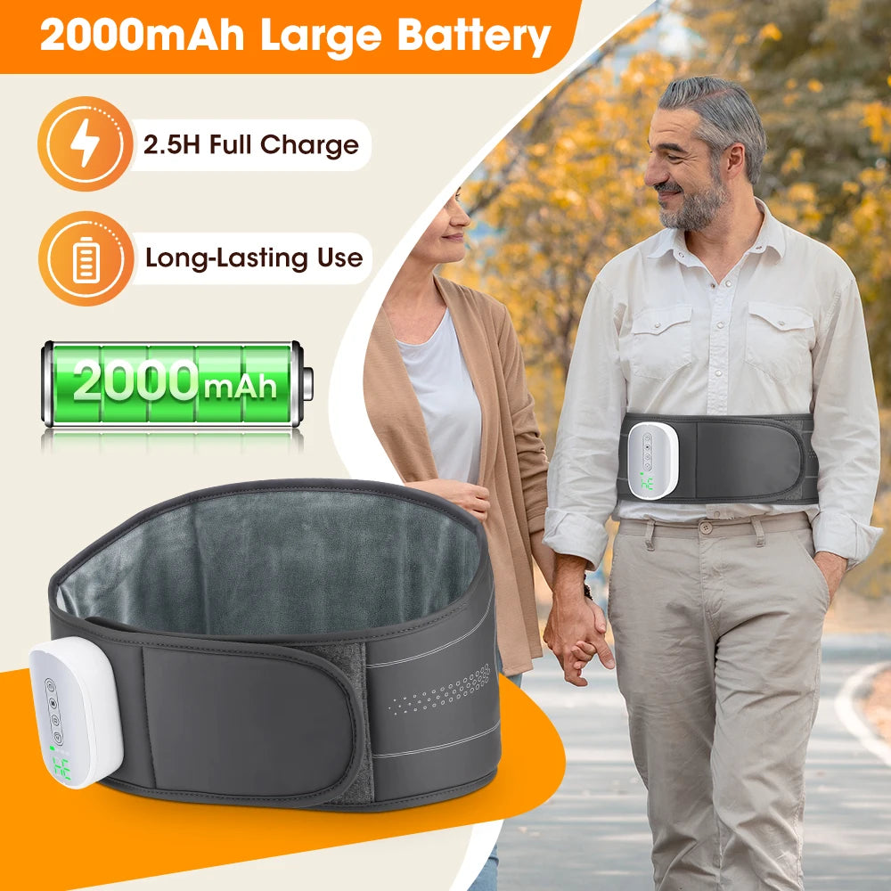 Two people walking outdoors with waist belts featuring 2000mAh large battery capacity, full charge time, and long-lasting use.