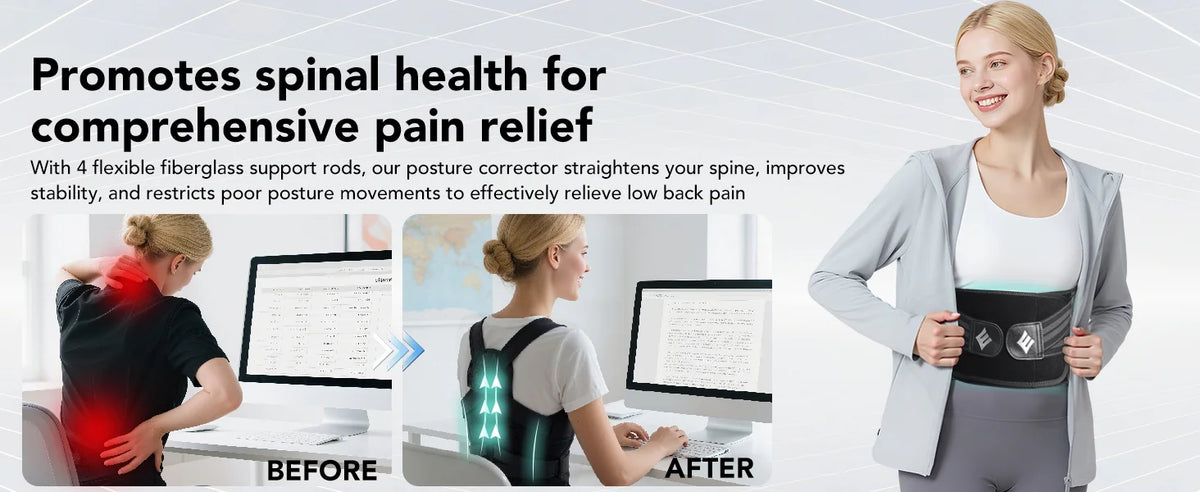 Woman wearing a back brace with text about spinal health and pain relief.
