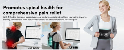 Woman wearing a back brace with text about spinal health and pain relief.