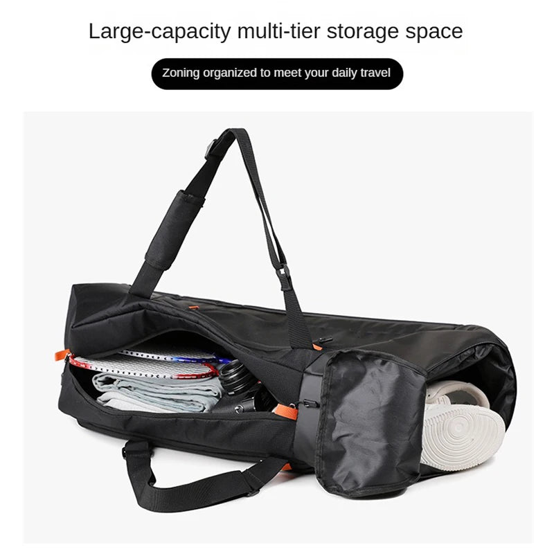 A black duffel bag with orange accents, shown open with travel gear inside on a light gray background. Text at the top reads 'Large-capacity multi-tier storage space' and 'Zoning organized to meet your daily travel'.