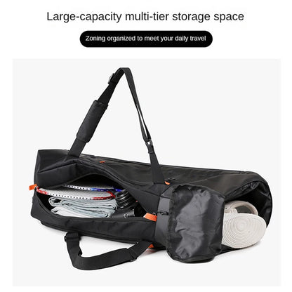 A black duffel bag with orange accents, shown open with travel gear inside on a light gray background. Text at the top reads 'Large-capacity multi-tier storage space' and 'Zoning organized to meet your daily travel'.