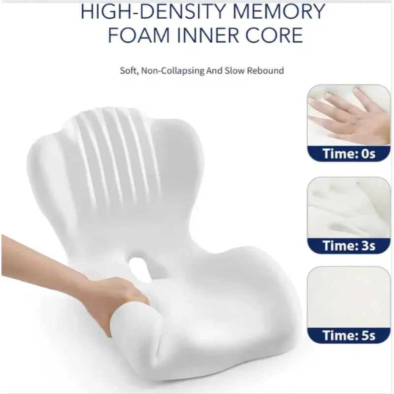 White ergonomic memory foam pillow with a hand pressing into the side to demonstrate softness and resilience, set against a white background with text and inset images showing compression recovery over 0s, 3s, and 5s.