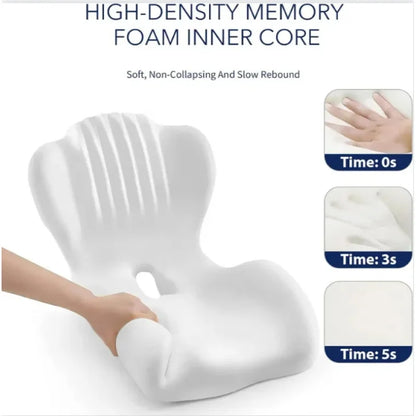 White ergonomic memory foam pillow with a hand pressing into the side to demonstrate softness and resilience, set against a white background with text and inset images showing compression recovery over 0s, 3s, and 5s.