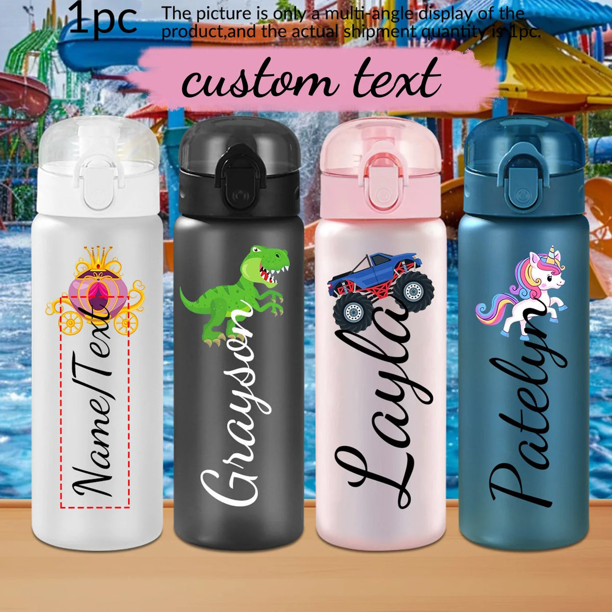 Four personalized water bottles with different designs and names against a poolside background.