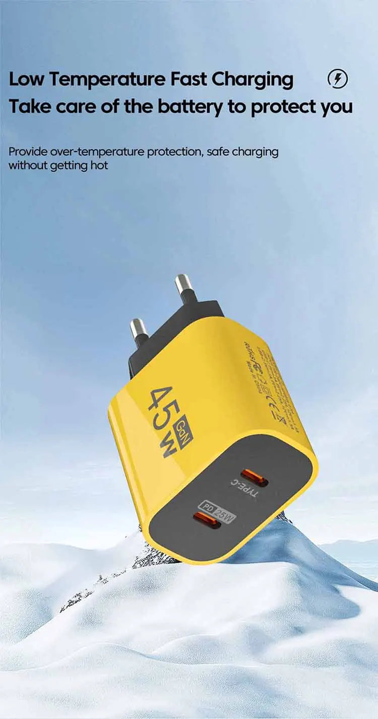45W USB-C charger for Samsung S23 with dual-port design