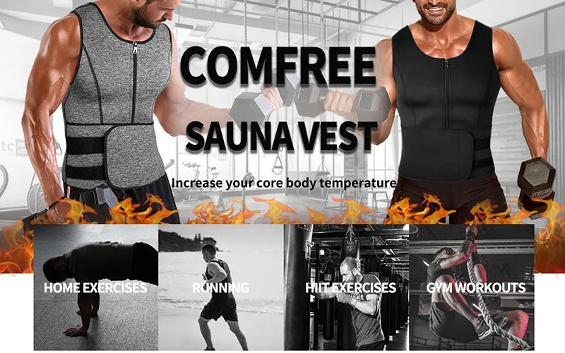 Advertisement for a sauna vest with text and images of people exercising.