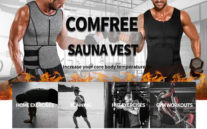 Advertisement for a sauna vest with text and images of people exercising.
