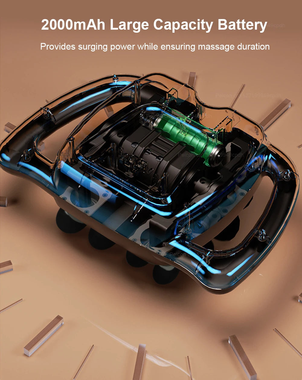 Close-up of a massage device with a 2000mAh large capacity battery on a brown background.