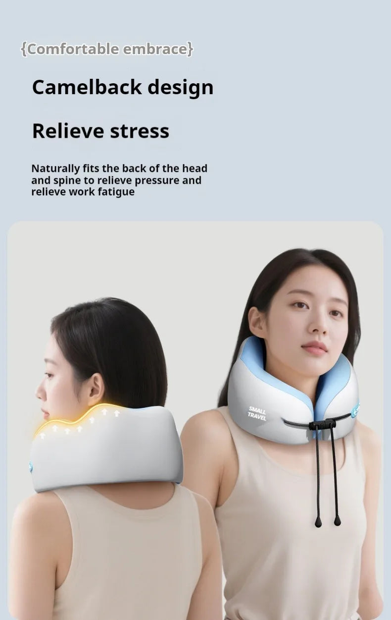 Neck pillow with text on a light blue background
