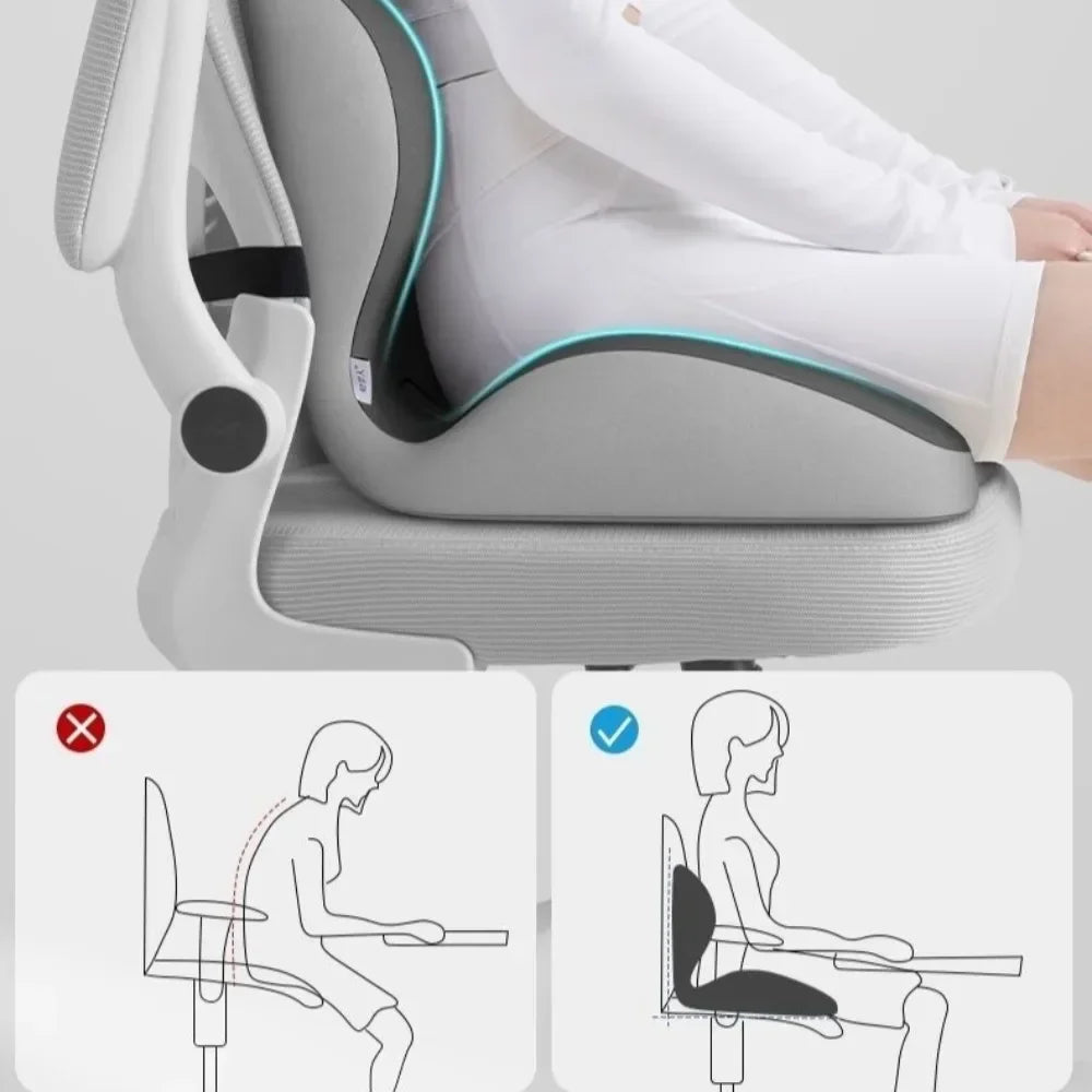 Gray car seat with a person sitting in it, showing correct and incorrect sitting positions.