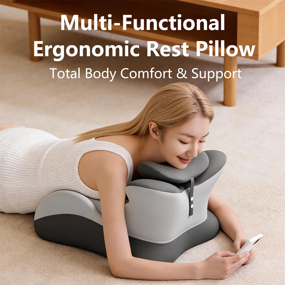 Woman using a multi-functional ergonomic rest pillow on a carpeted floor.