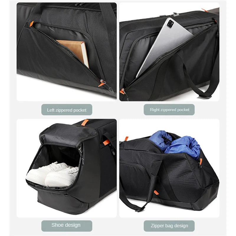 Four-panel product demonstration collage of a black duffel bag with orange zipper pulls. The panels show the left and right zippered pockets filled with a notebook and laptop, the open main compartment with white sneakers, and the bag's spacious interior with a blue garment.