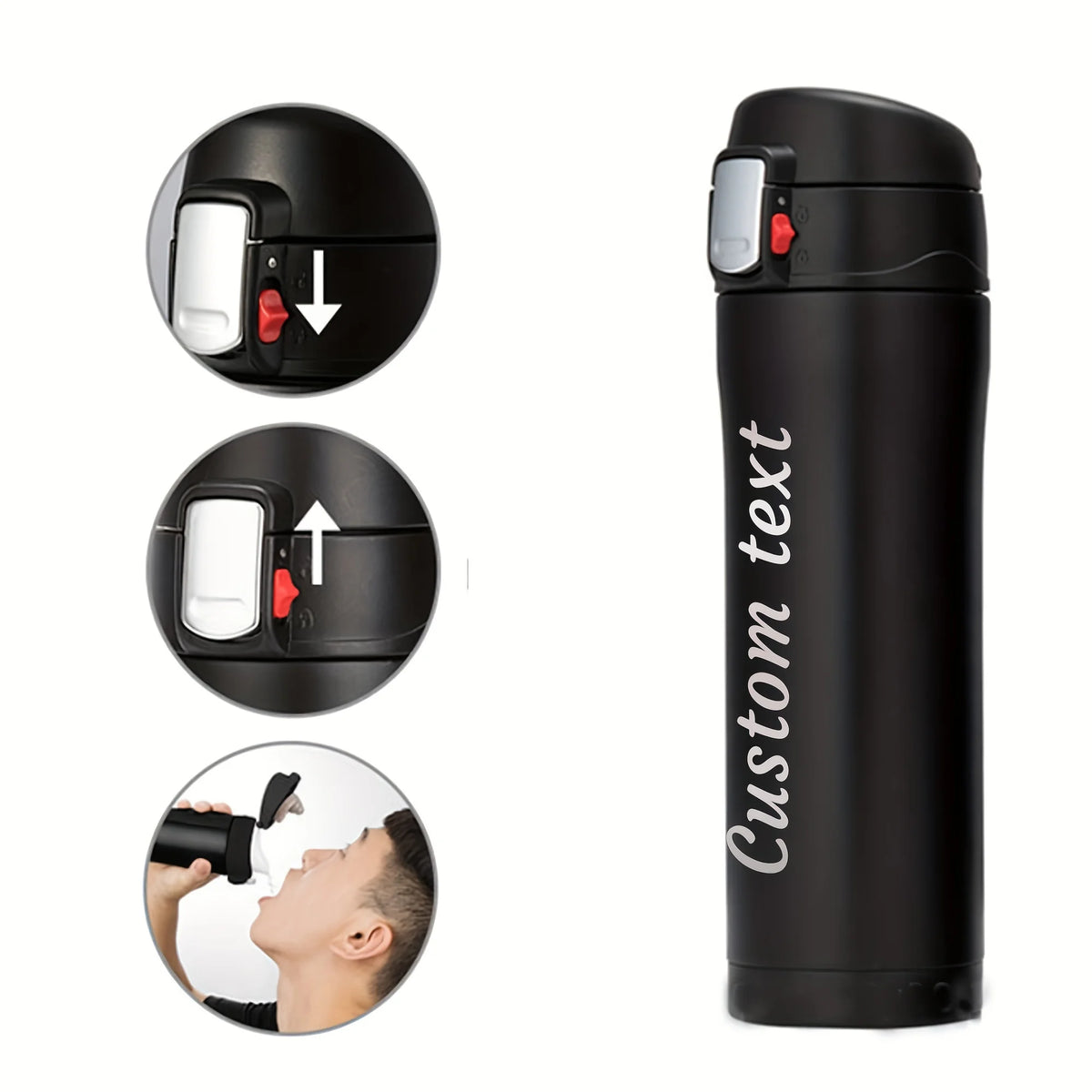 Black thermos with 'Custom text' printed on it, featuring close-up insets of its design.