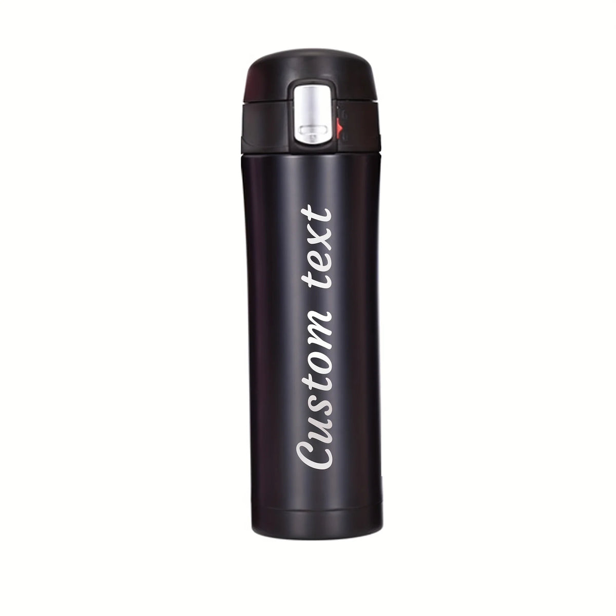 Black thermos bottle with 'Custom text' printed on it against a white background