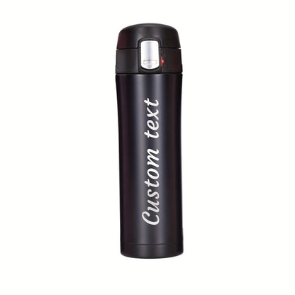 Black thermos bottle with 'Custom text' printed on it against a white background