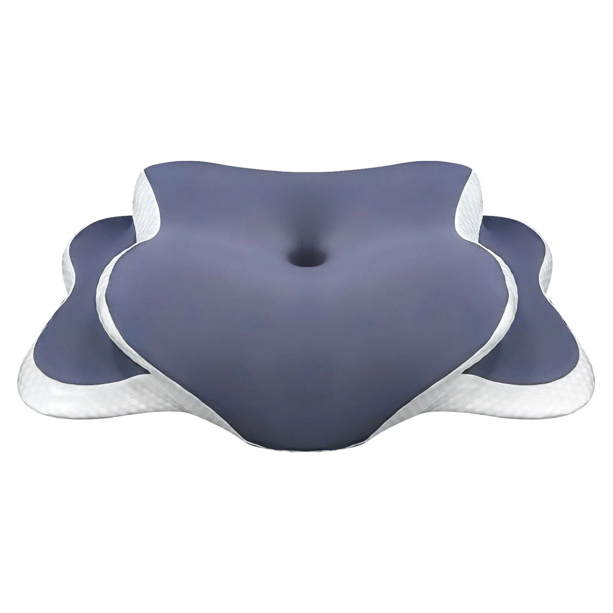 Woman using a cervical pillow with text about deep sleep and diagrams showing proper sleeping positions.