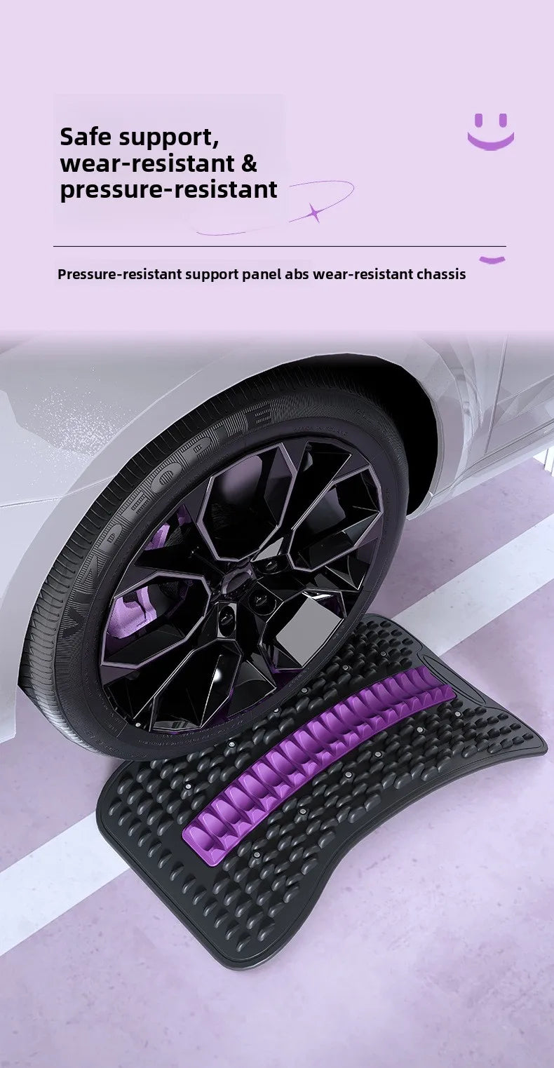 A black car wheel chisel with a purple textured roller bar, shown positioned under a car wheel on a light purple background with promotional text.