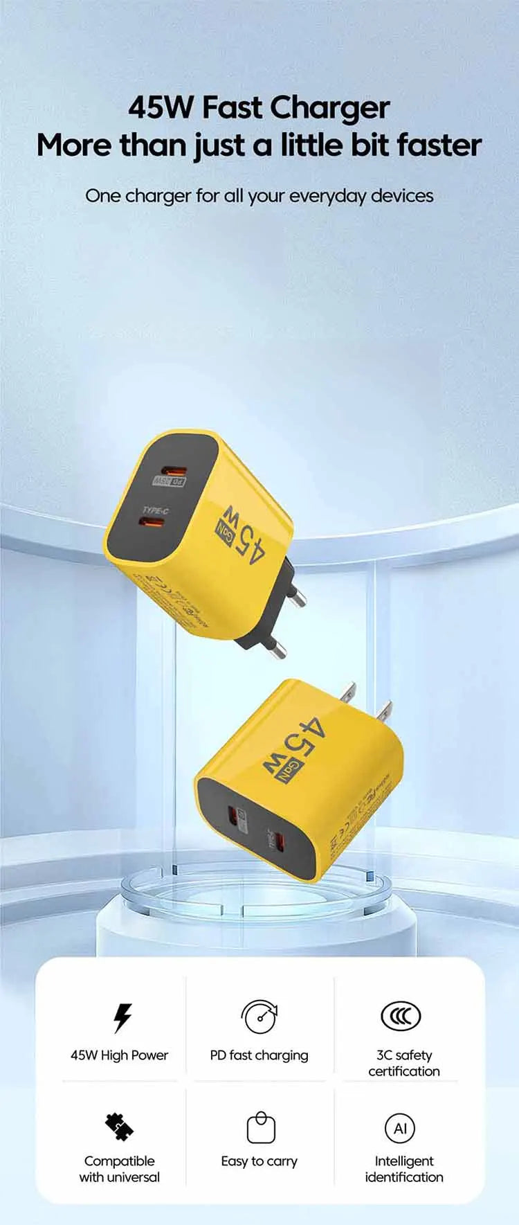 45W USB-C charger for Samsung S23 with dual-port design