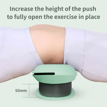 Person using a green exercise device with text indicating height adjustment for full opening.