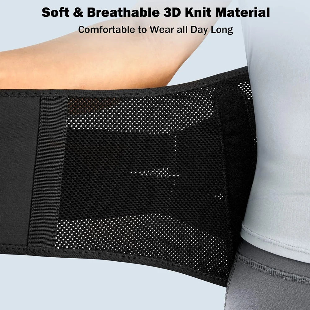 Black 3D knit material belt worn by a person, with text about comfort and material quality.
