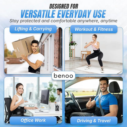 Promotional graphic for 'benoo' showing its versatility in lifting, carrying, working out, and driving.
