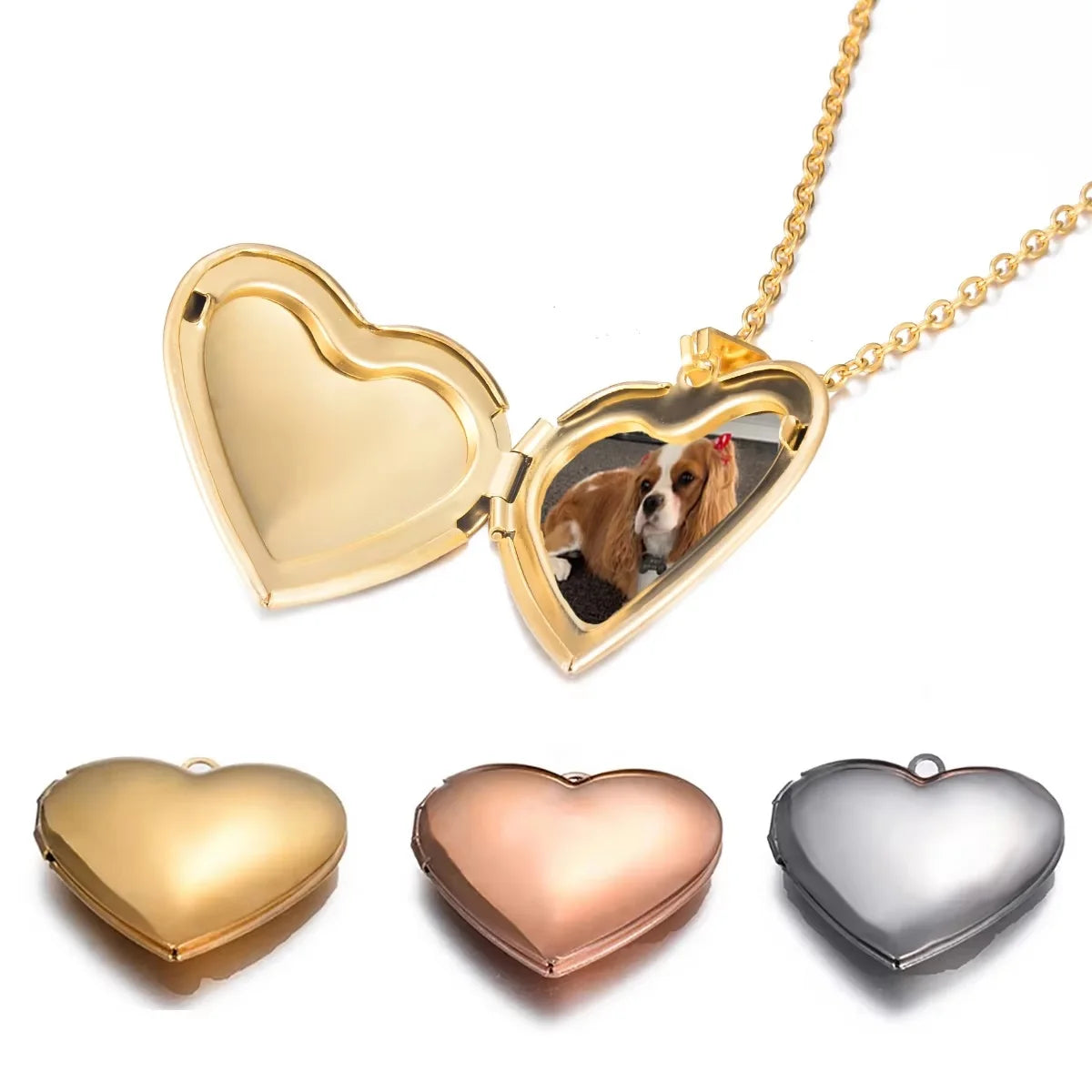 Heart-shaped locket with a dog photo on a white background
