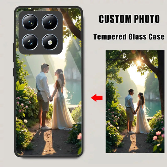 Phone case with a custom photo of a couple holding hands in a garden, labeled 'Custom Photo Tempered Glass Case'.