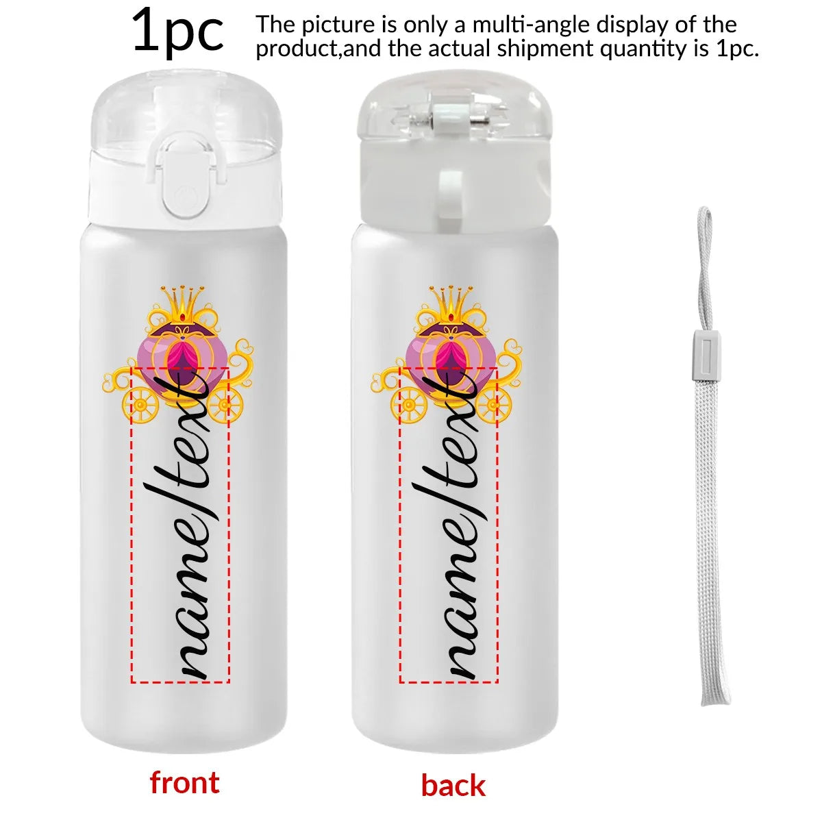 Two white water bottles with decorative labels and a strap on a white background.