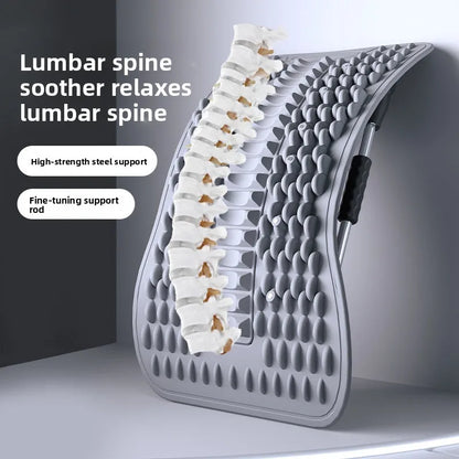 A curved lumbar support pillow with raised silicone bumps and a central cutout showing white lumbar spine segments, set against a dark gray studio background with promotional text.