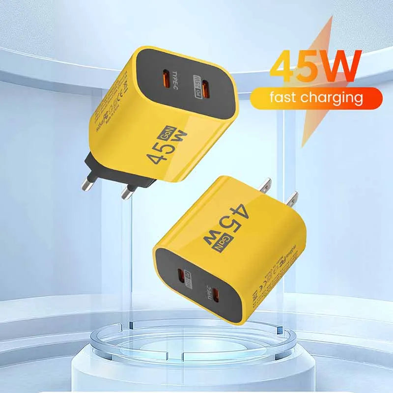 45W USB-C charger for Samsung S23 with dual-port design