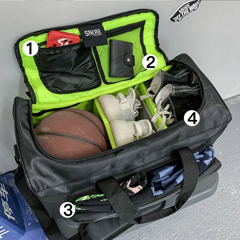 Open black duffel bag with sports equipment on a gray surface, featuring Vans logo.