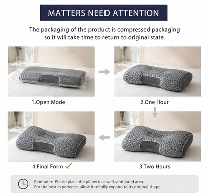 An informational graphic showing a gray contoured pillow in four labeled stages: 1. Open Mode, 2.