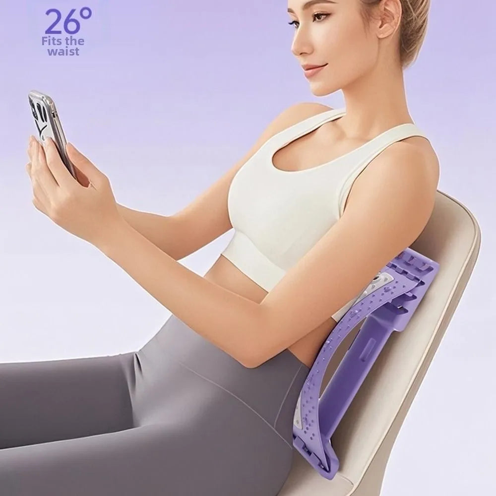 A woman reclining on a chair holding a phone, with a purple waist support belt wrapped around her lower back. She is wearing a white sports bra and gray leggings against a light lavender background.