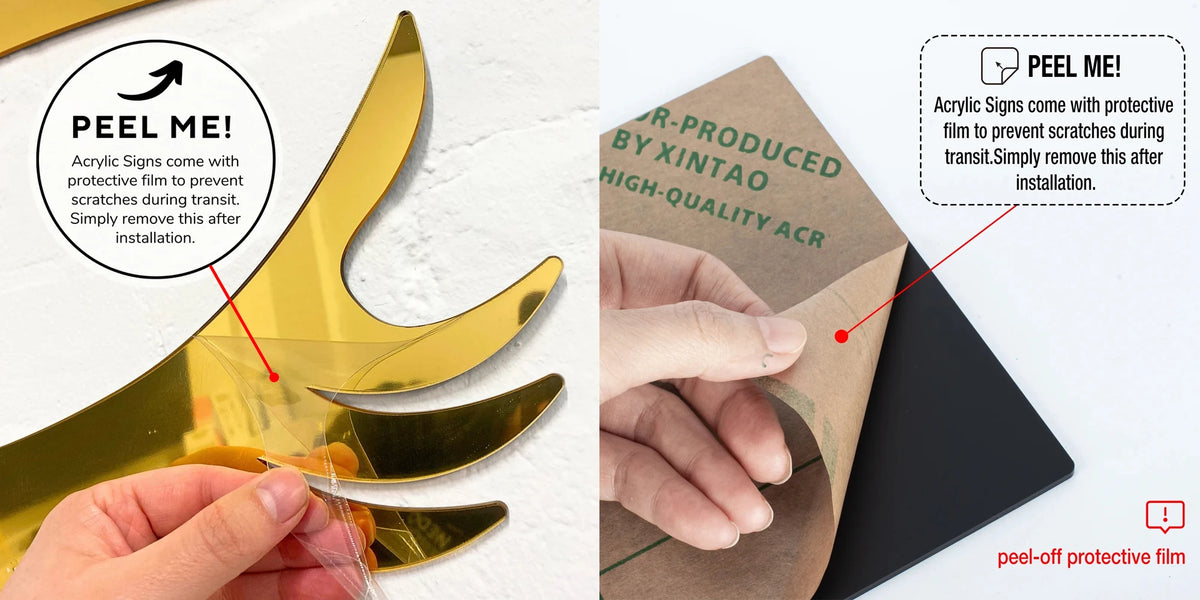 Gold acrylic sign with peel-off protective film and instructions on a white background