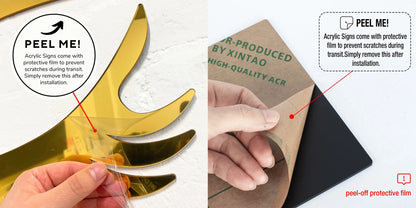 Gold acrylic sign with peel-off protective film and instructions on a white background
