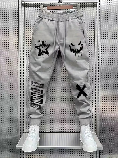 Street Trendy Cool Style Men's Loose Legged Sports Pants Printed Sanitary Pants Daily Casual Drawstring Knitted Pants
