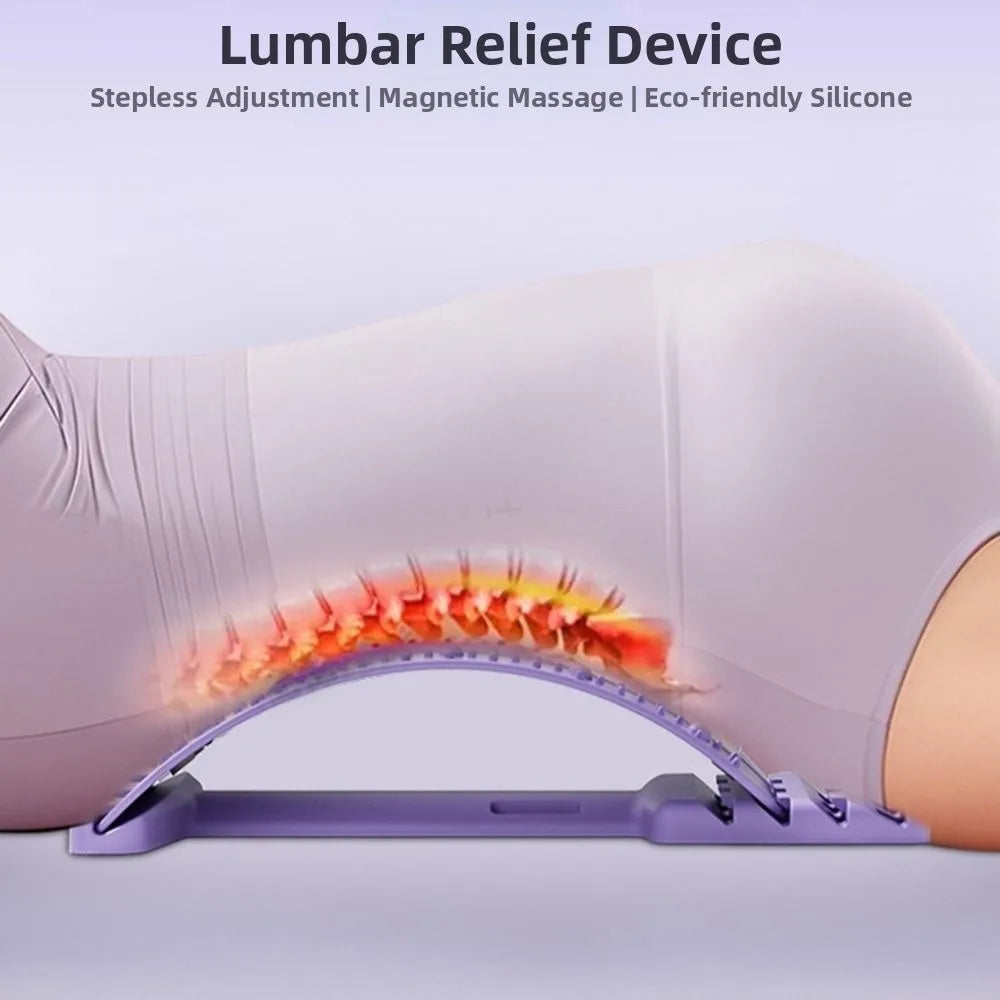 A lumbar relief device in lavender purple shown supporting a person's lower back, with a glowing orange-red highlighted spine area and marketing text at the top reading 'Lumbar Relief Device' and 'Stepless Adjustment | Magnetic Massage | Eco-friendly Silicone'.