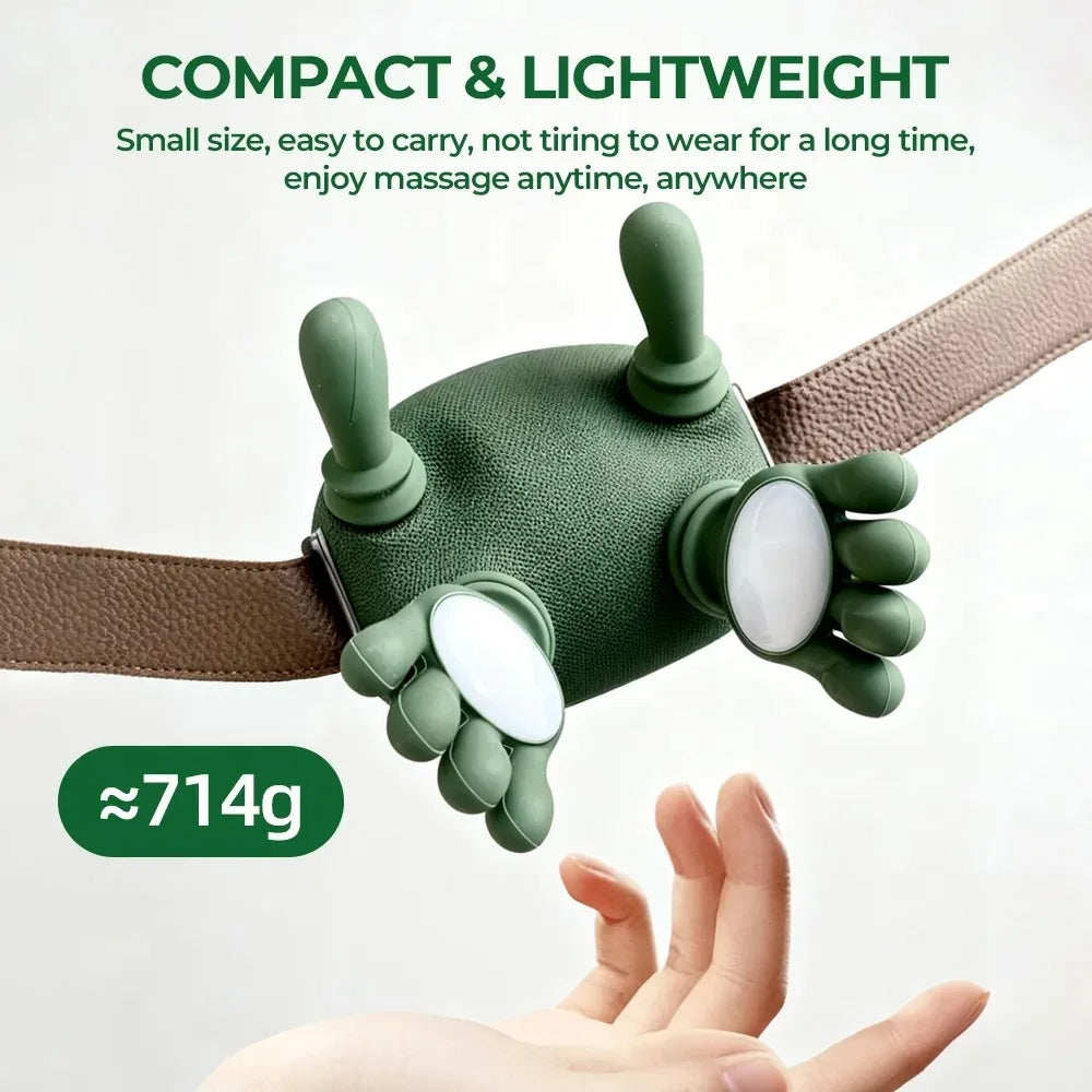 Green massage device on a belt with text highlighting its compact and lightweight nature.