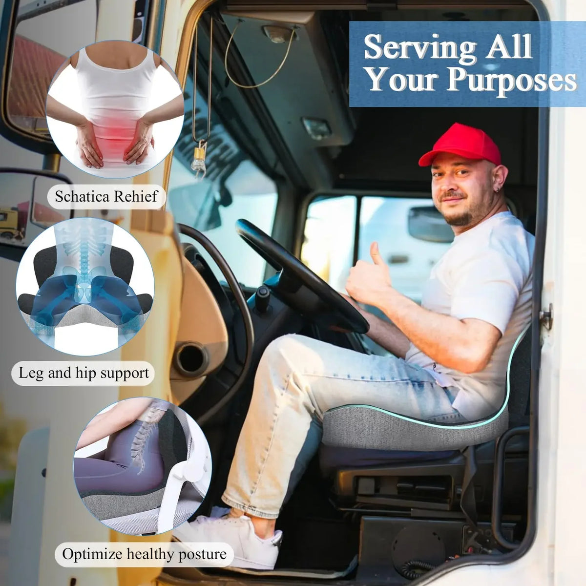 Man sitting in a vehicle with a seat cushion, surrounded by images of its benefits.