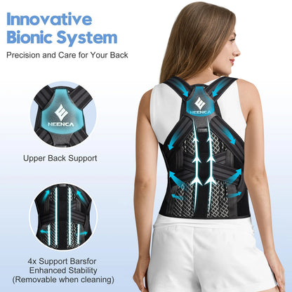 Woman wearing a back support brace with Neenca branding on a light blue background