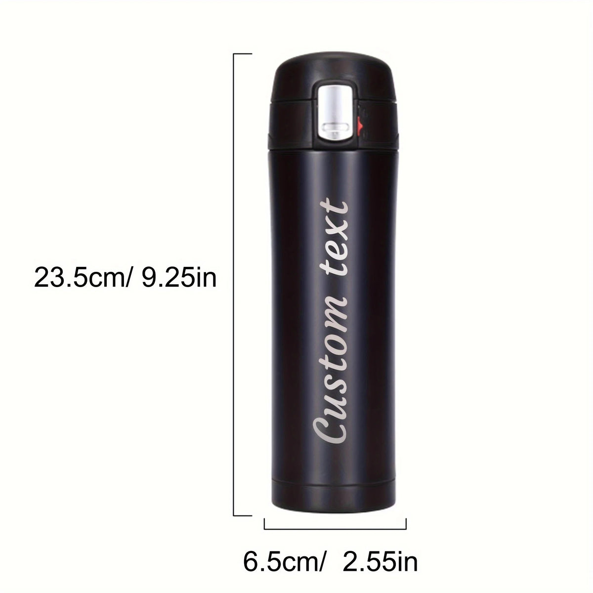 Black thermos with 'Custom text' printed on it, shown with measurements on a white background.