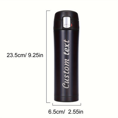 Black thermos with 'Custom text' printed on it, shown with measurements on a white background.