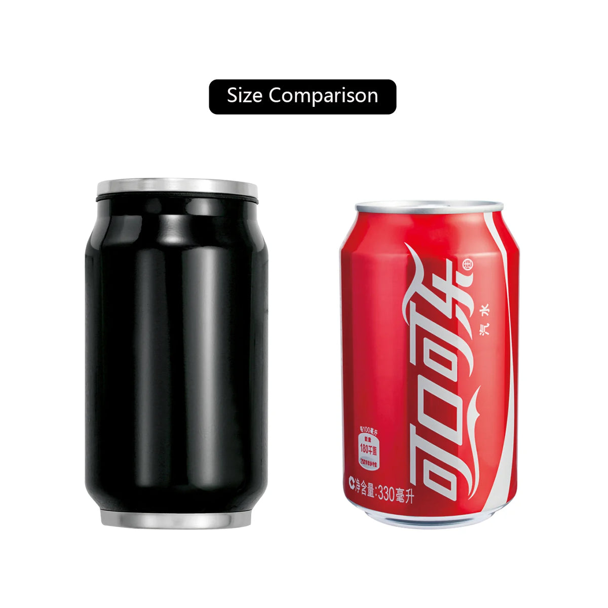A size comparison graphic showing a black can next to a red Coca-Cola can, with a label at the top reading 'Size Comparison' on a white background.