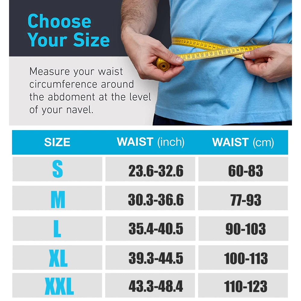 Waist measurement chart with a person measuring waist circumference and text instructions.
