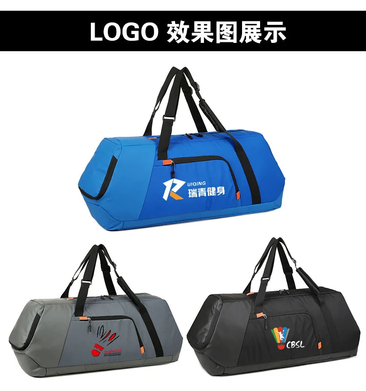 Three duffel bags shown on a white background with a black header containing Chinese text: 'LOGO 效果图展示'. The top bag is bright blue with black handles and a white/orange logo; the bottom-left bag is gray with black handles and a red/orange logo; the bottom-right bag is black with black handles and a multicolor logo.
