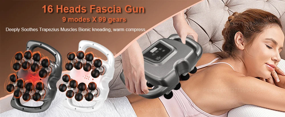 Fascia gun with multiple heads and a woman receiving massage on a bed.